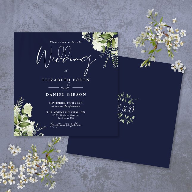 Convite de Casamento Quadrado Monograma Floral Ver (Navy Blue Greenery Floral Monogram Square Wedding Invitation)