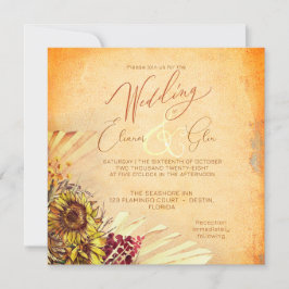 Convite de Casamento Quadrado Rústico com Girassói