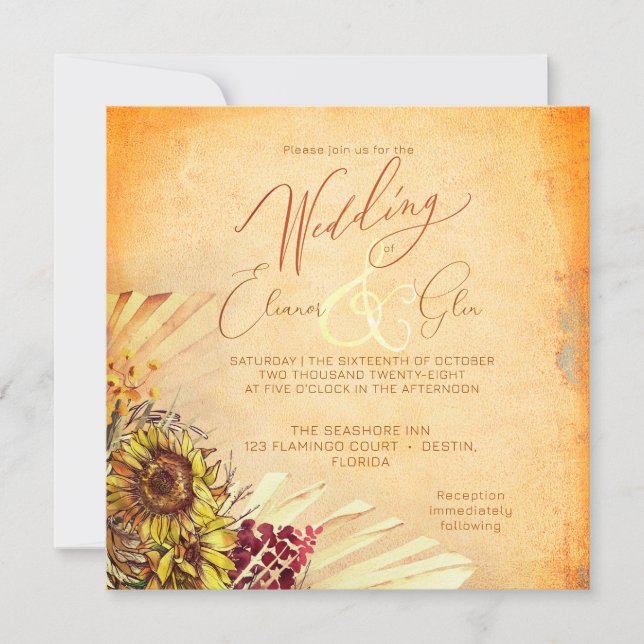 Convite de Casamento Quadrado Rústico com Girassói (Frente)