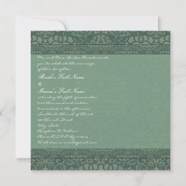 Convite de Casamento Quadrado Verde Vintage Damask (Frente)