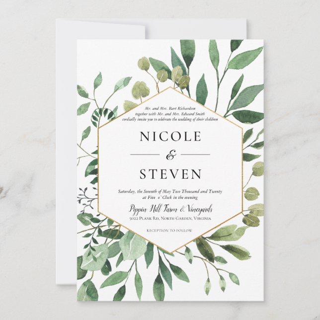 Convite de Casamento Quadro Dourado Elegante com V (Frente)