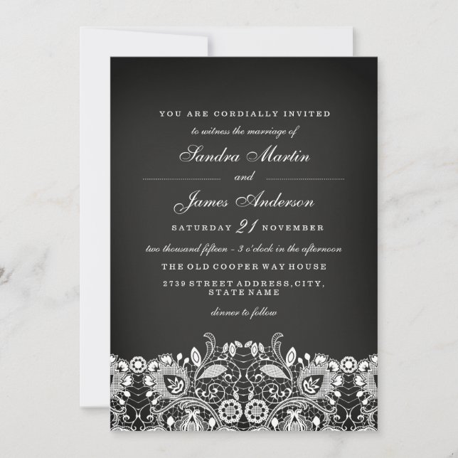 Convite de Casamento Quadro Negro com Renda Branca (Frente)