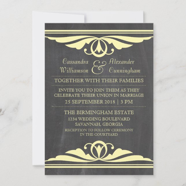 Convite de casamento Qualkboard amarelo deco (Frente)