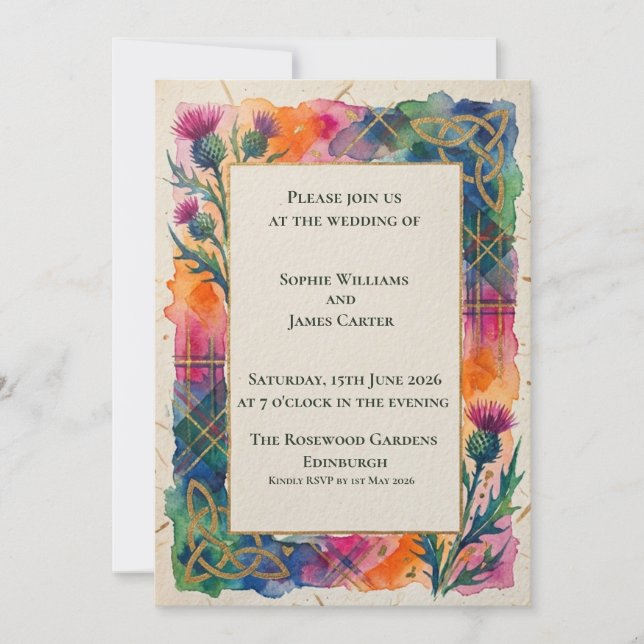 Convite de Casamento Rainbow Tartan Thistle (Frente)