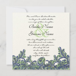 Convite de casamento Real Azul e Verde Paisley Pea