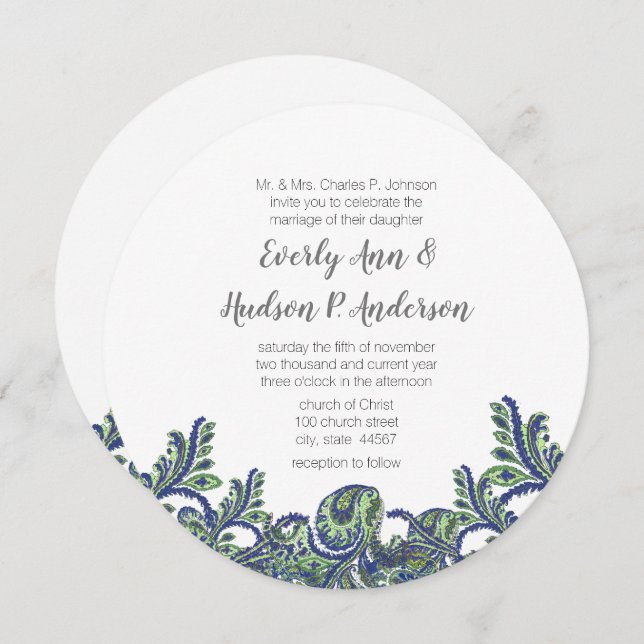 Convite de casamento Real Azul e Verde Paisley Pea (Frente/Verso)