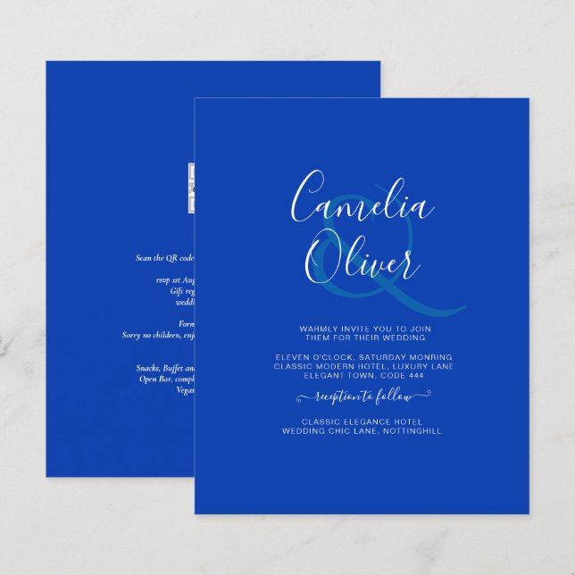 Convite de casamento Real Azul Monocromático (Frente/Verso)