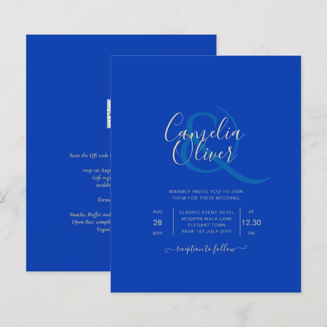 Convite de casamento Real Azul Monocromático (Frente/Verso)