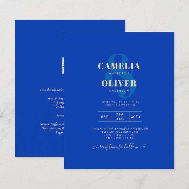 Convite de casamento Real Azul Monocromático (Frente/Verso)