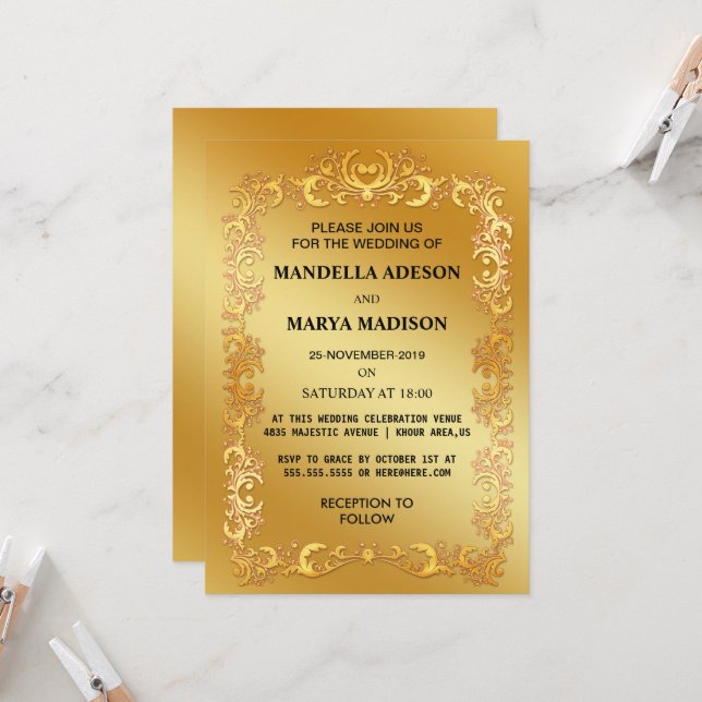 Convite de Casamento Rebuscado em Ouro Elegante (Frente/Verso In Situ)