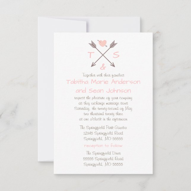 Convite de Casamento & Recepção 3x5 Arrows Pink He (Frente)