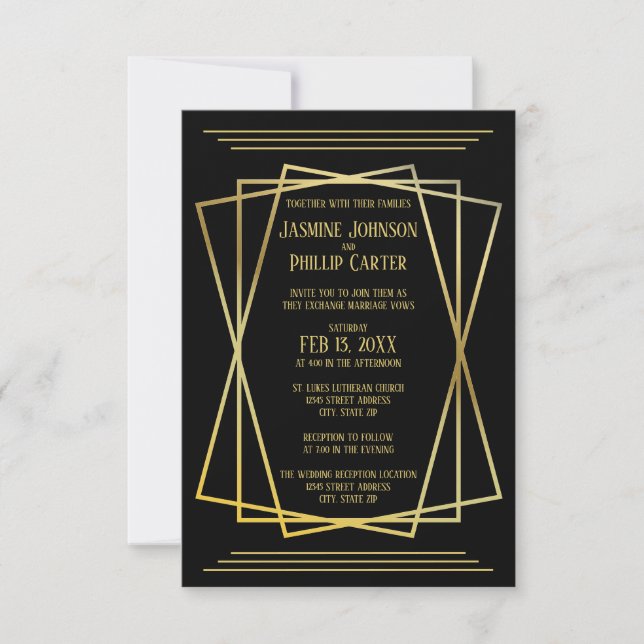 Convite de Casamento/Recepção Preto Desenho Mid Mo (Frente)