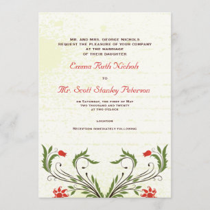 Convite de casamento Red Flowers Vintage Art Nouve