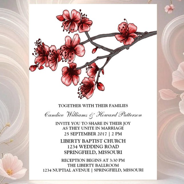 Convite de casamento Red Simple Cherry Blossoms (Red Simple Cherry Blossom Wedding Invite)