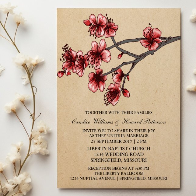 Convite de casamento Red Vintage Cherry Blossoms (Red Vintage Cherry Blossoms Wedding Invite)