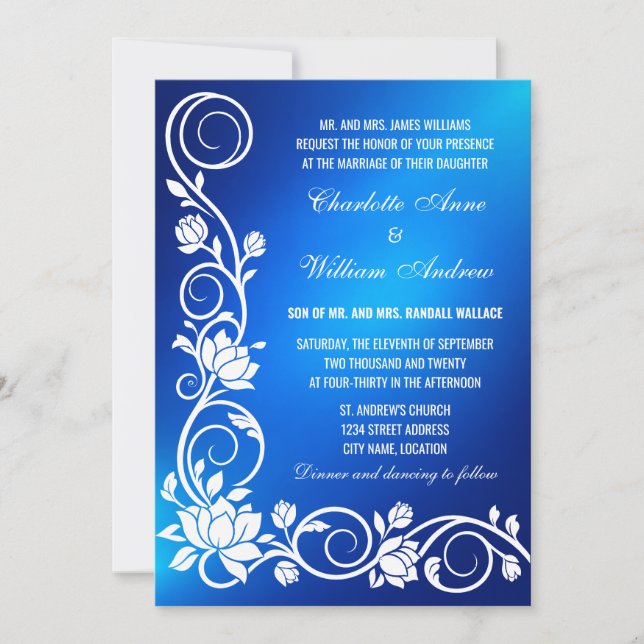 Convite de Casamento Redemoinho Azul Real e Branco (Frente)