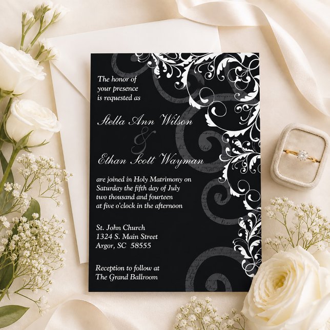 Convite de Casamento Redemoinhos Preto e Branco (Black and White Flourish Wedding Invitation)