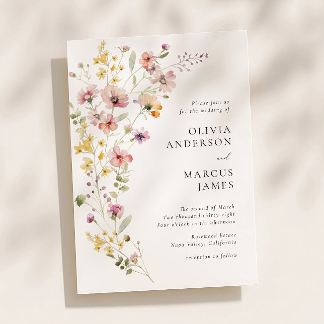 Convite de Casamento Refined Boho Meadow Wildflowe (Soft watercolor wildflower wedding invitation with elegant serif typography and airy floral layout)