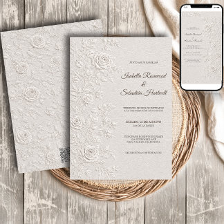 Convite de Casamento Relevo Marfim Rosas Código QR