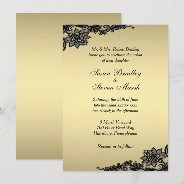 Convite de Casamento Renda Dourada (Frente/Verso)