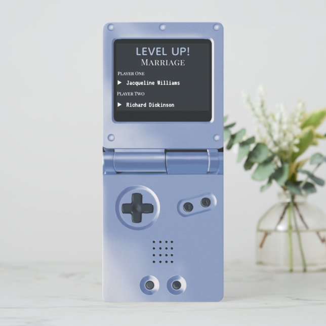 Convite de Casamento Retro Blue II Console de Jogo (Em pé/Frente)