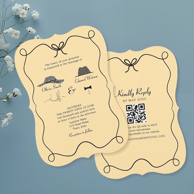 Convite de Casamento Retro com Código QR (Criador carregado)