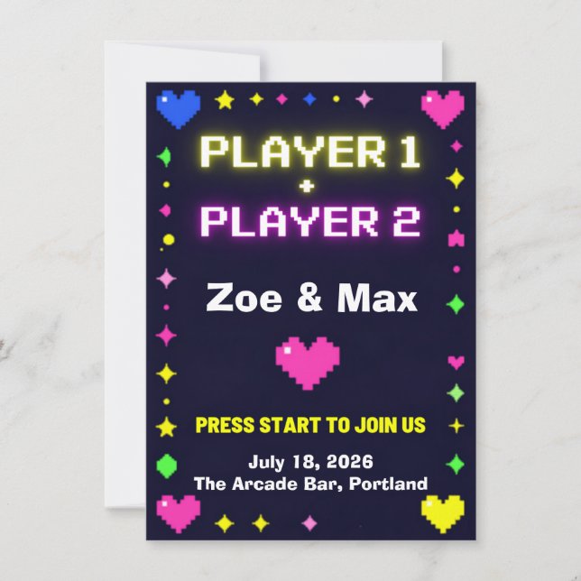 Convite de Casamento Retro de Jogos Player 1 Playe (Frente)