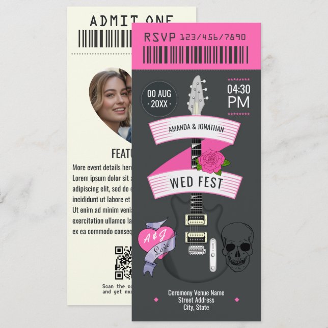 Convite de Casamento Rock Romance Punk Ticket (Frente/Verso)