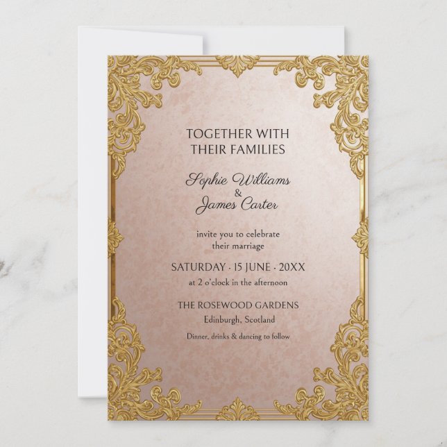 Convite de Casamento Rococó Rosa Bege Dourado (Frente)