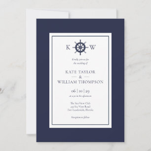 Convite de Casamento Roda de Navio Monograma Azul 