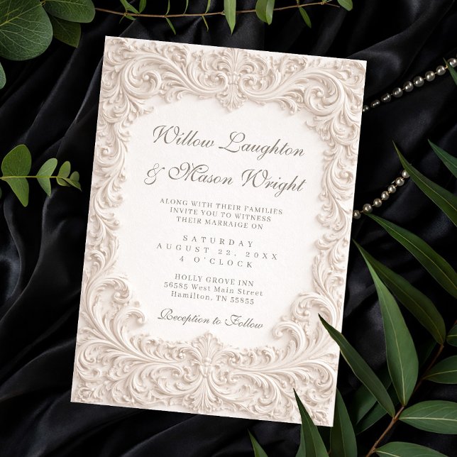 Convite de Casamento Rolo Rococó Marfim Elegante (Elegant Ivory Rococo Scroll Wedding Invitation)