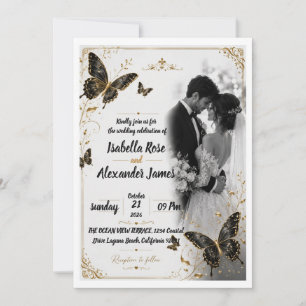 Convite de Casamento Romance Borboleta Dourada