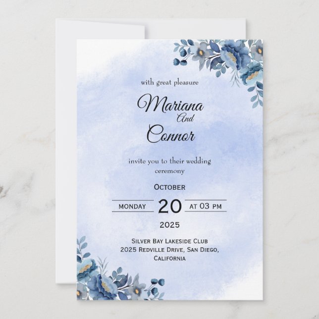 Convite de Casamento Romântico Blue Peony (Frente)