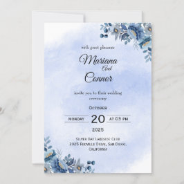 Convite de Casamento Romântico Blue Peony