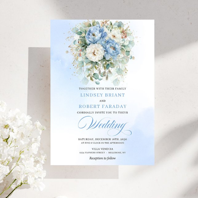 Convite de Casamento Romântico Boêmio Peônia Azul  (Romantic Bohemian Pastel Blue Peony Wedding Invite)