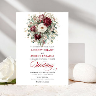 Convite de Casamento Romântico Burgundy Branco Flo