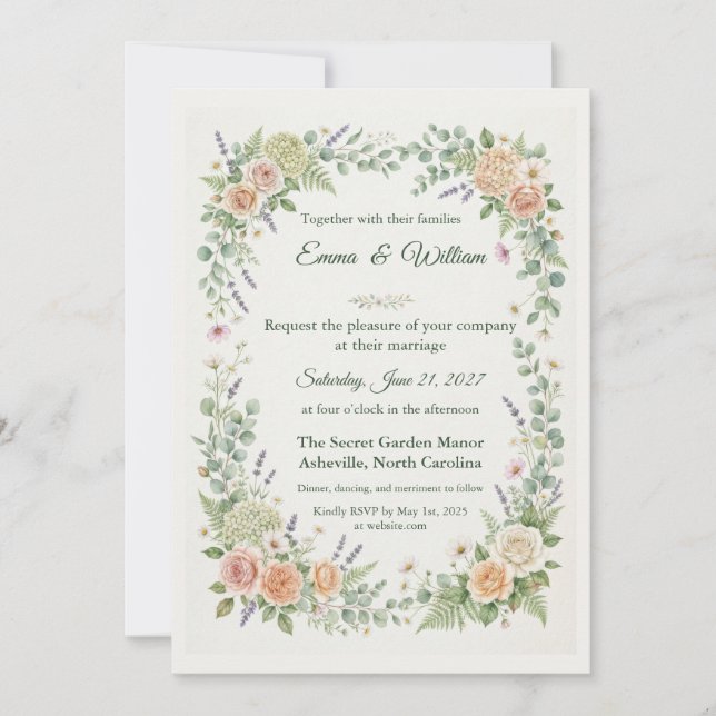 Convite de Casamento Romântico com Aquarela de Flo (Frente)