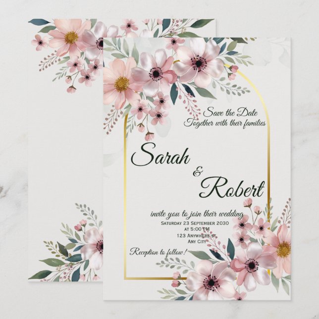 Convite de Casamento Romântico com Arco Floral Ros (Frente/Verso)