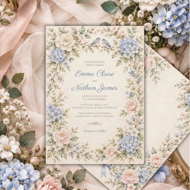 Convite de Casamento Romântico com Hortênsias Azui (Criador carregado)