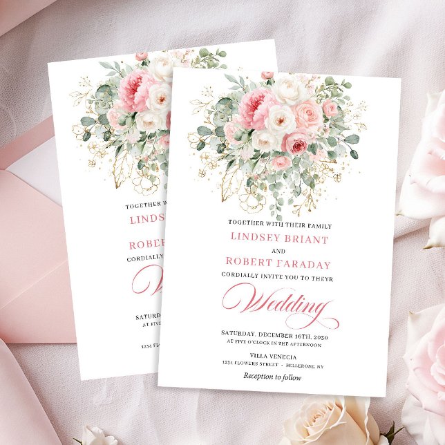 Convite de Casamento Romântico com Rosas e Verde D (Romantic Blush Roses Greenery Gold Wedding Invite)