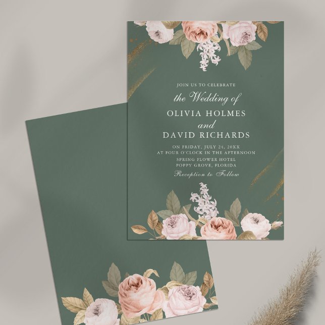 Convite de Casamento Romântico de Peônia Verde Sal (Romantic Sage Green Peony Wedding Invitation on table)