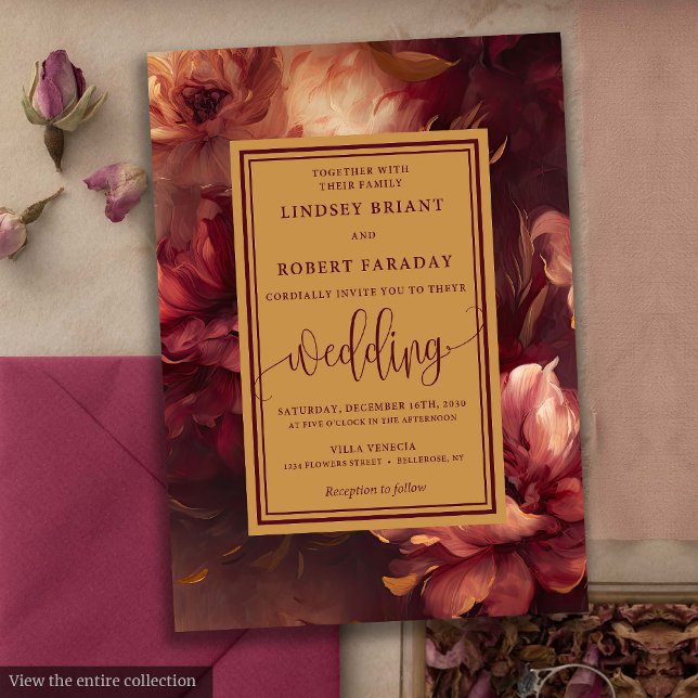 Convite de casamento Romântico de Rosas Dourados d (Romantic Luxury Burgundy Gold Roses Wedding Invitation)