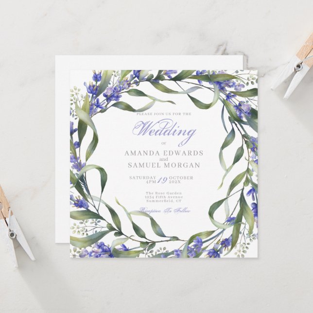 Convite de Casamento Romântico Eucalipto & Lavanda (Frente/Verso In Situ)