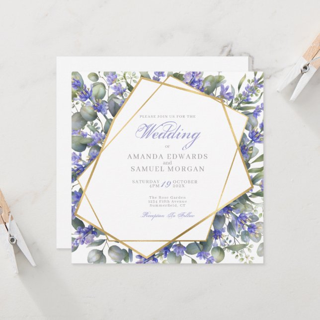 Convite de Casamento Romântico Eucalipto & Lavanda (Frente/Verso In Situ)