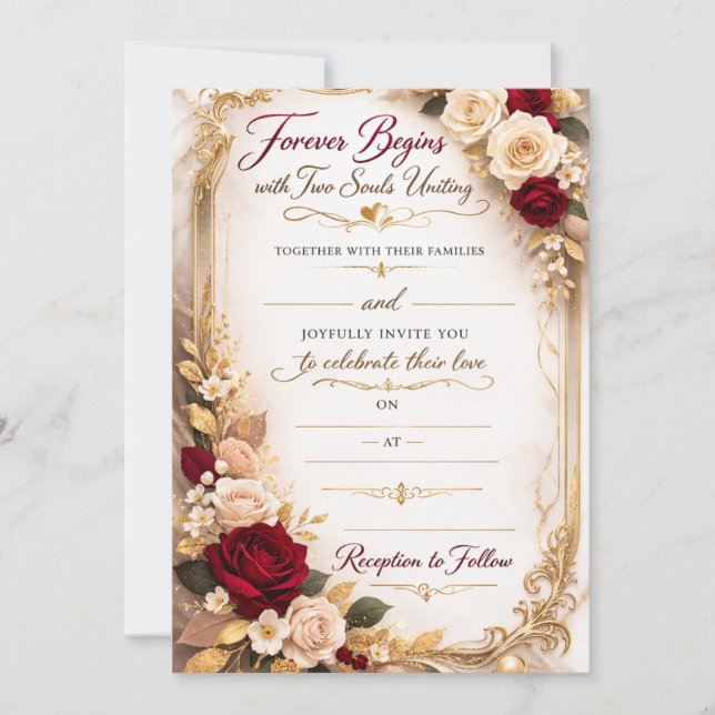 Convite de Casamento Romântico Floral Dourado Eleg (Frente)