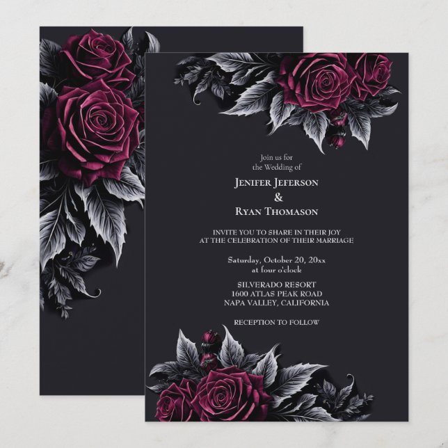 Convite de casamento romântico floral gótico escur (Frente/Verso)