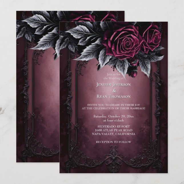 Convite de casamento romântico floral gótico escur (Frente/Verso)