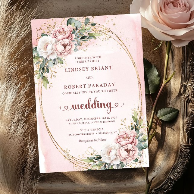 Convite de Casamento Romântico Floral Verde Rosa D (Romantic Floral Greenery Rose Gold Wedding Invite)