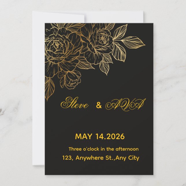 Convite de Casamento Romântico Preto e Dourado | E (Frente)