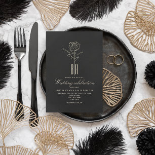 Convite de Casamento Romântico Preto Ouro Monogram